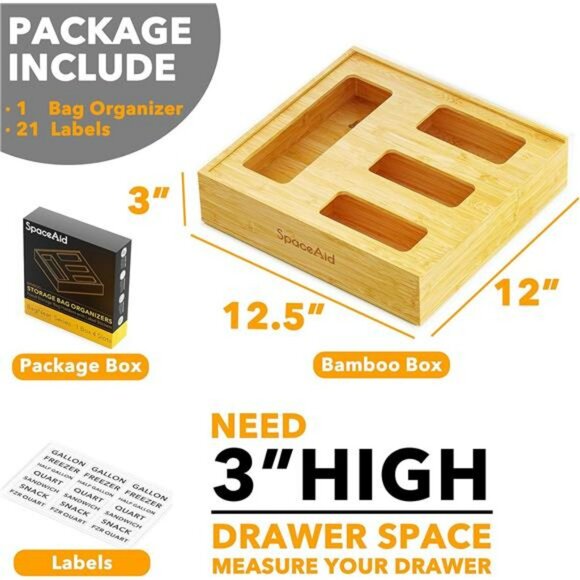 Bamboo Food Storage Bag Organizer for Drawer Gallon Quart Sandwich Snack - Picture 5 of 7